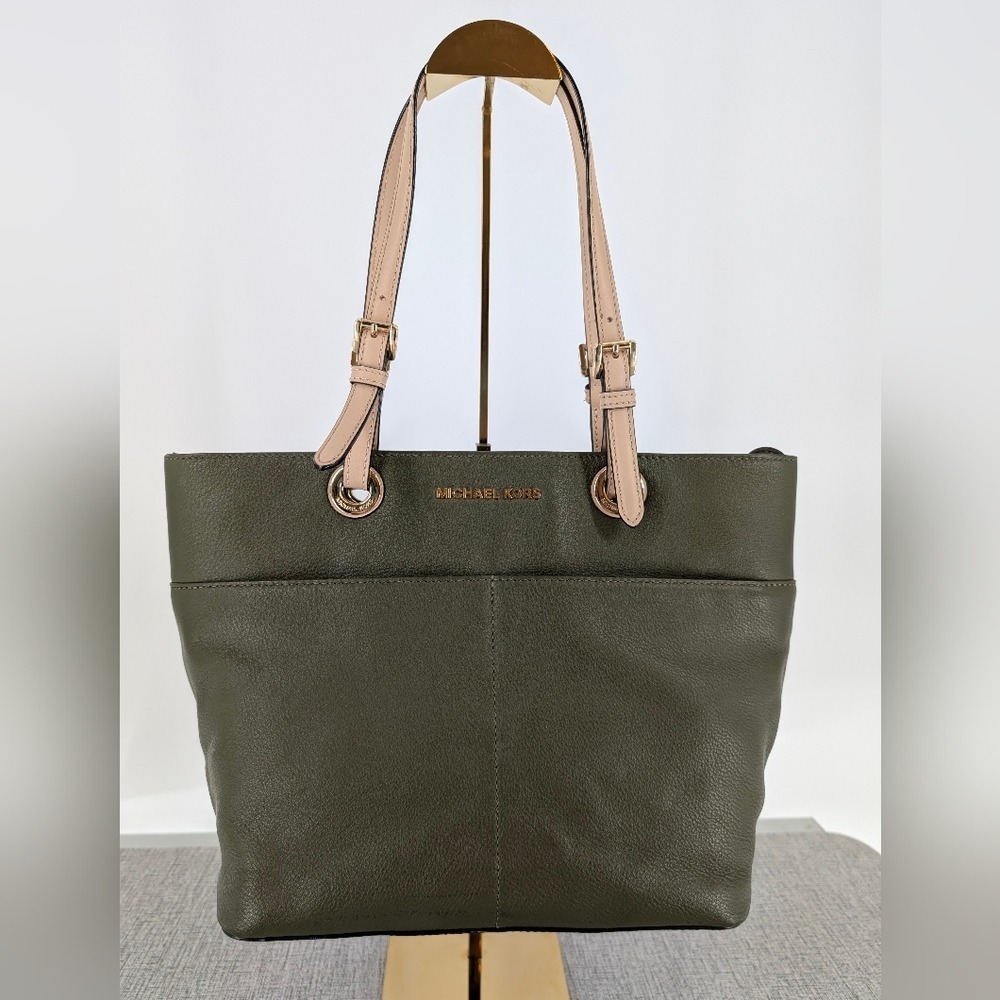 Michael Kors Bedford Medium Pocket Tote Olive Green Pebbled Leather Handbag